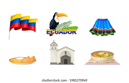 Atributos de Ecuador con bandera nacional en el juego de vectores de polo y falda