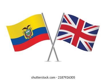 Ecuador and Britain crossed flags. Ecuadoran and British flags on white background. Vector icon set. Vector illustration.
