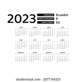 Ecuador calendar 2023. Week starts from Sunday. Vector graphic design. Spanish language.