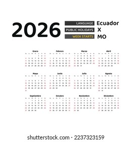 Ecuador Calendar 2026. Week starts from Sunday. Vector graphic design. Spanish language.