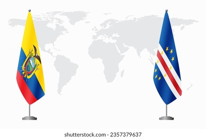 Ecuador and Cape Verde flags for official meeting against background of world map.