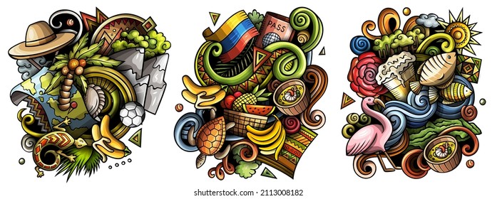 Ecuador cartoon vector doodle designs set. Colorful detailed compositions with lot of traditional symbols. Isolated on white illustrations