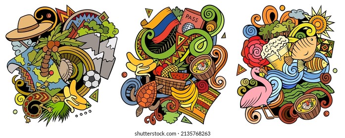 Ecuador cartoon vector doodle designs set. Colorful detailed compositions with lot of traditional symbols. Isolated on white illustrations