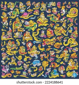 Ecuador Cartoon Vektordoodle Designs Set. Farbige, detaillierte Kompositionen mit vielen traditionellen Symbolen. Einzeln auf weißen Illustrationen Vektorgrafik-Zeichnung