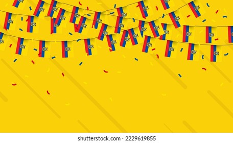 Ecuador celebration bunting flags with confetti and ribbons on yellow background. vector illustration.