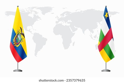Ecuador and Central African Republic flags for official meeting against background of world map.