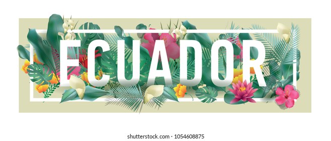 Ecuador City Typographic Floral Framed Vector Card Design
