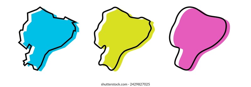 Ecuador country black outline and colored country silhouettes in three different levels of smoothness. Simplified maps. Vector icons isolated on white background.