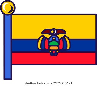 Ecuador country nation flag on flagpole vector. Horizontal tricolor of yellow, blue and red with national coat of arms superimposed at center. Traditional symbol flat cartoon illustration