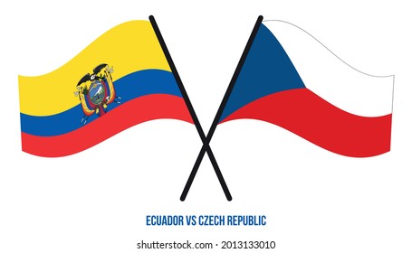 Banderas de Ecuador y República Checa Cruzadas y ondeando estilo plano. Proporción oficial. Colores correctos.