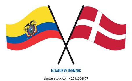 Ecuador and Denmark Flags Crossed And Waving Flat Style. Official Proportion. Correct Colors.