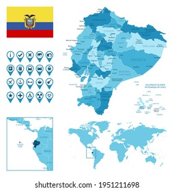 Ecuador detailed administrative blue map with country flag and location on the world map.