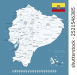 Ecuador - detailed blue country map with cities and regions. Infographic icons. Vector illustration