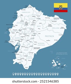 Equador - detalhado mapa azul do país com cidades e regiões. Ícones infográficos. Ilustração vetorial