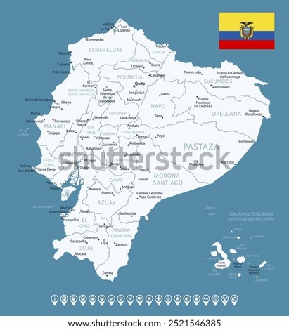 Ecuador - detailed blue country map with cities and regions. Infographic icons. Vector illustration