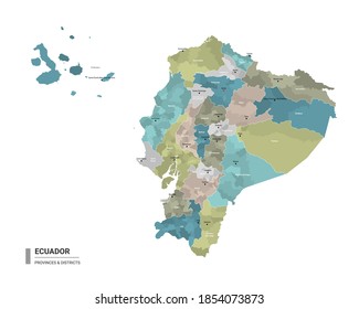 Ecuador  detailed map with subdivisions. Administrative map of Ecuador with districts and cities name, colored by states and administrative districts. Vector illustration.