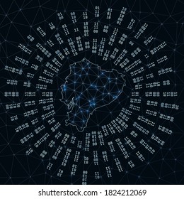 Ecuador digital map. Binary rays radiating around glowing country. Internet connections and data exchange design. Vector illustration.