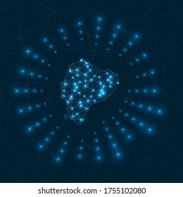 Ecuador digital map. Glowing rays radiating from the country. Network connections and telecommunication design. Vector illustration.