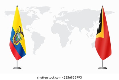 Banderas de Ecuador y Timor Oriental para una reunión oficial en el fondo del mapa mundial.