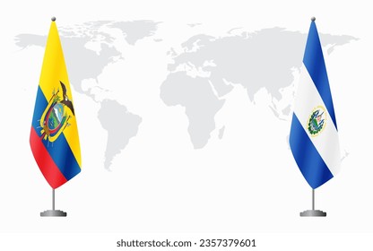 Ecuador and El Salvador flags for official meeting against background of world map.