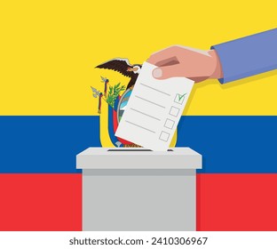 Concepto electoral de Ecuador. Hand coloca el boletín de votos en la caja de votación.