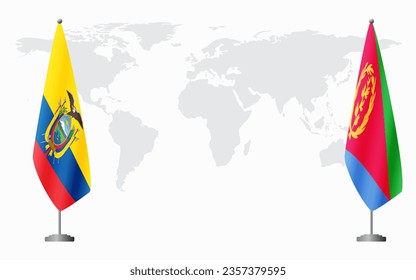 Ecuador and Eritrea flags for official meeting against background of world map.