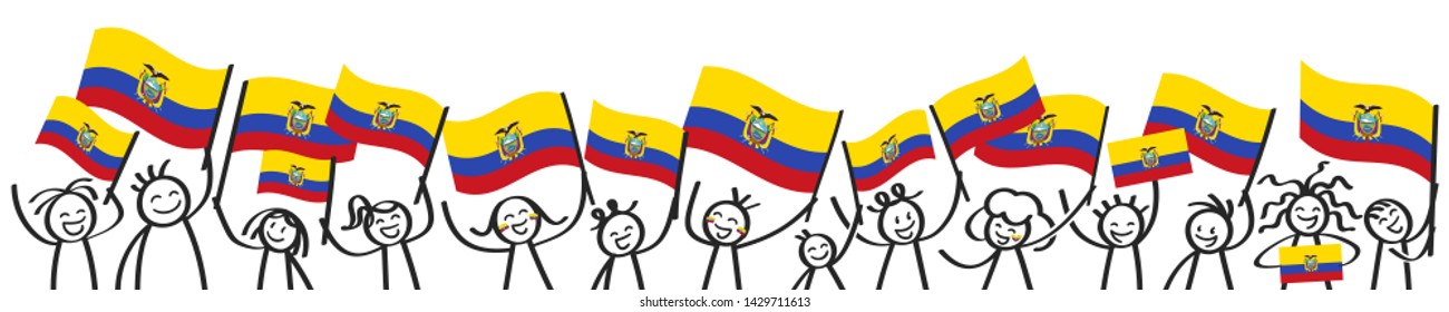 Ecuador flag, crowd of stick figures with Ecuadorian national flags banner