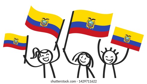 Ecuador flag, crowd of stick figures with Ecuadorian national flags