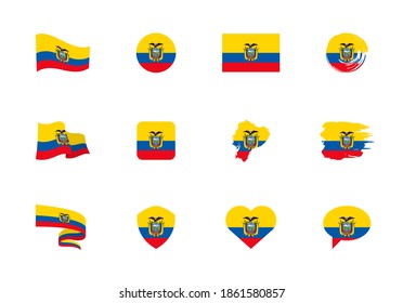 Ecuador flag - flat collection. Flags of different shaped twelve flat icons. Vector illustration set