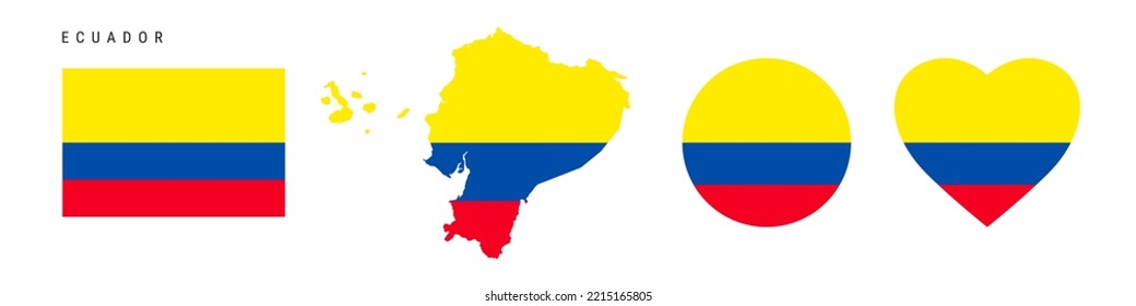 Ecuador flag icon set. Ecuadorian pennant in official colors and proportions. Rectangular, map-shaped, circle and heart-shaped. Flat vector illustration isolated on white.