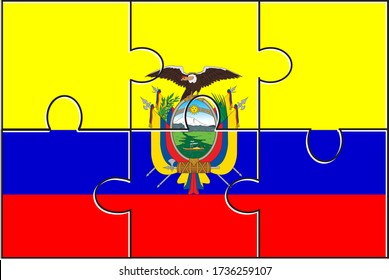 Ecuador Flag Jigsaw Puzzle. Vector illustration. 6 pieces of puzzles. Simple puzzles for kids