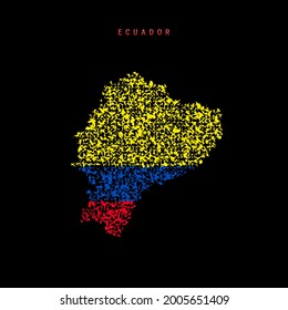Ecuador flag map, chaotic particles pattern in the colors of the Ecuadorian flag. Vector illustration isolated on black background.