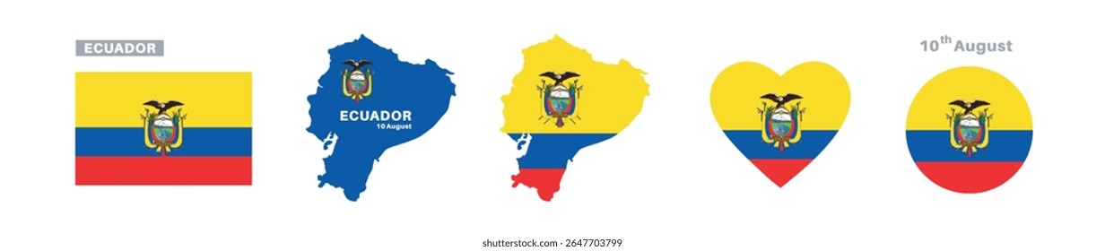 ecuador flag and map set. ecuador flag in official colors and proportions. independence day 10 august , map, circle and heart shaped ecuador