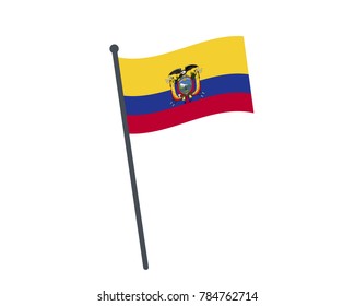 Ecuador flag. The national flag of Ecuador on a pole. The waving flag. The sign and symbol of the country. Realistic vector on white.
