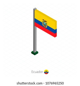 Ecuador Flag on Flagpole in Isometric dimension. Isometric blue background. Vector illustration.