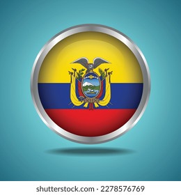 The Ecuador flag. Round glossy. Silver frame. Isolated on color gradient background