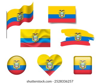 Conjunto de iconos de la bandera de Ecuador. Bandera de Vector de Ecuador. Conjunto de banderas de Ecuador pincel, Botón, agitado, corazón.