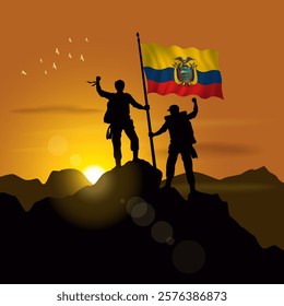 Ecuador flag, silhouette of two climbers holding flags at sunset