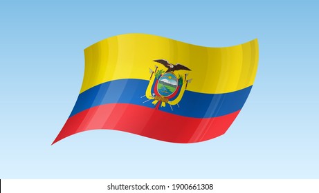 Símbolo del estado de la bandera de Ecuador aislado en una bandera nacional de fondo. Tarjeta de saludo Día Nacional de la Independencia de la República de Ecuador. Cartel de ilustración con bandera de estado realista.