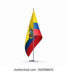 Símbolo del estado de la bandera de Ecuador aislado en una bandera nacional de fondo. Tarjeta de saludo Día Nacional de la Independencia de la República de Ecuador. Cartel de ilustración con bandera de estado realista.