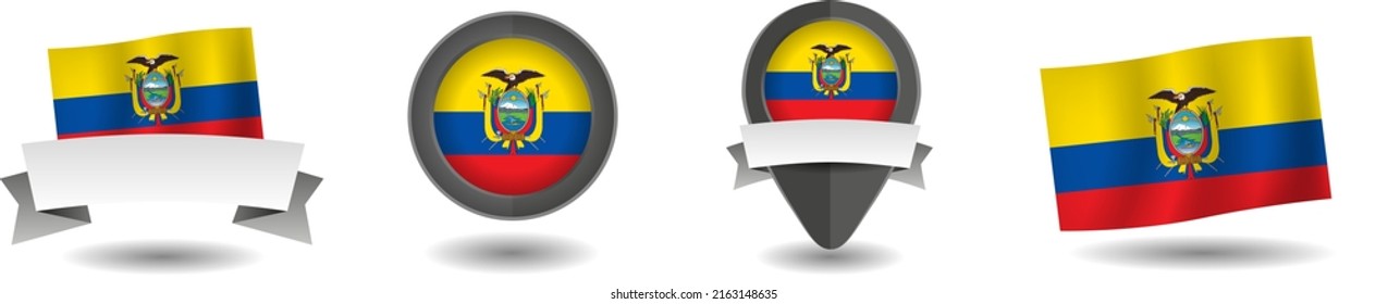 Ecuador flag vector collection. Pointers, flags and banners flat icon. Vector state signs illustration isolated on white background. Ecuador flag symbol on design element.