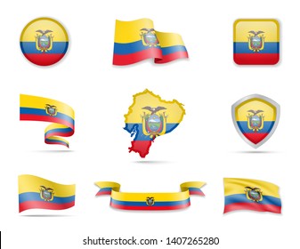 Ecuador flags collection. Flags and outline of the country vector illustration set