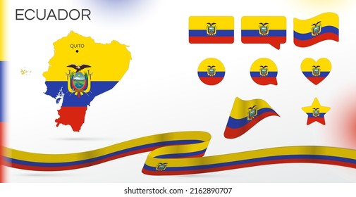 Ecuador flags set. Various designs. Map and capital city. World flags. Vector set. Circle icon. Template for independence day. Collection of national symbols. Ribbon with colors of the flag.