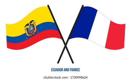 Ecuador and France Flags Crossed And Waving Flat Style. Official Proportion. Correct Colors.