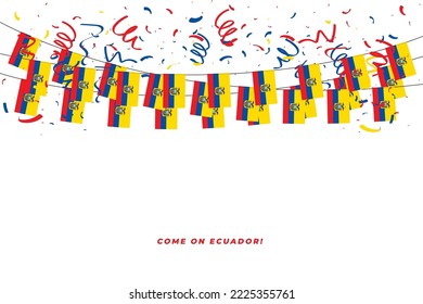 Ecuador garland flag with confetti on white background, Hang bunting for Ecuador celebration template banner.