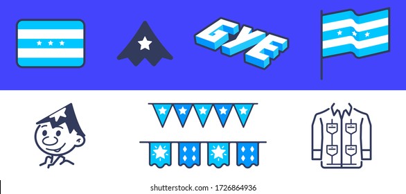 Ecuador, Guayaquil line icon set. Included the icons as pennant, guayabera traditional shirt, juan pueblo, banner and flags. GYE 3D icon, pueblo hay, star flags. Vector illustration symbol. Guayas.