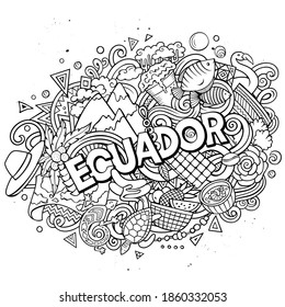 Dibujo a mano de doodles de Ecuador. Diseño de viajes divertidos. Fondo vectorial de arte creativo. Texto manuscrito con elementos y objetos. Composición de arte de línea