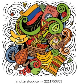 Ecuador Hand Drawn Cartoon Doodles Illustration. Funny Travel Design. Creative Art Vector Background. Latin American Country Elements And Objects.