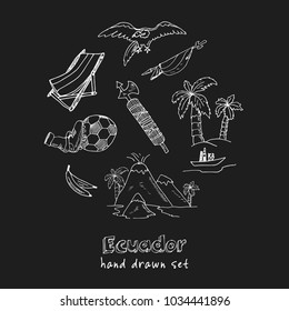 Ecuador hand drawn doodle set. Sketches. Vector illustration for design and packages product. Symbol collection.