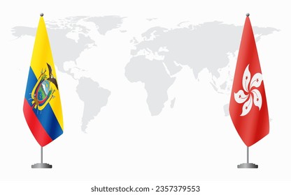 Ecuador and Hong Kong flags for official meeting against background of world map.